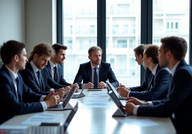 A group of professionals reviewing data charts in a bright London boardroom